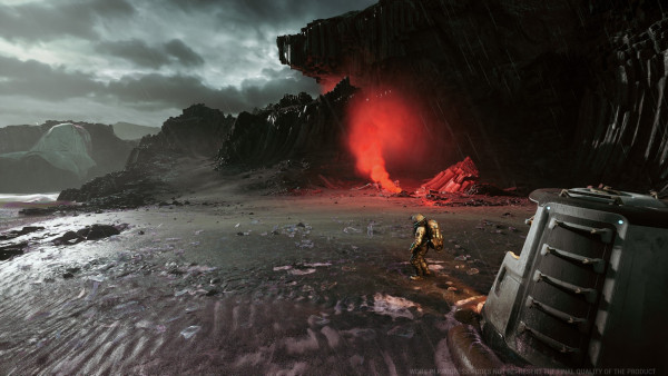 A screenshot from The Alters game with a landscape of a distant planet, all grey, main character in a space suit, etc
