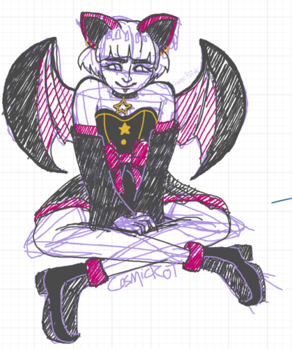 A messy rough sketch of an androgynous character sitting with their legs crossed and their hands in their lap. They have bat ears and bat wings. They're wearing a body suit with a skirt ontop of it and a big bow on the skirt waist. They have black boots, and a choker with a hollow gold star hanging from it. They have three piercings on each ear, and a stud piercing below their lip.. all the piercings are gold. A gentle smile on their face.