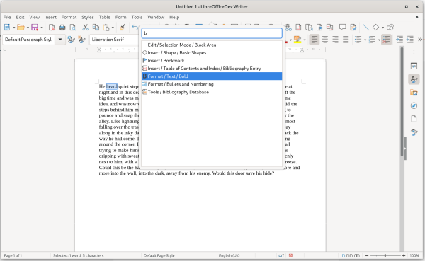 Screenshot of LibreOffice command search feture