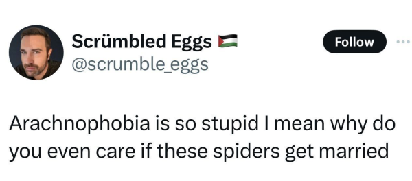 @scrumbled_eggs on "X": Arachnophobia is so stupid I mean why do you even care if these spiders get married 