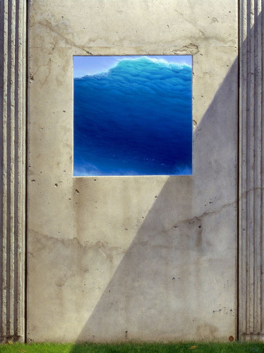 A smooth stone facade, reminiscent of a gravestone, occupies the entire foreground of the painting. A square window set into the top center offers a vision of a vibrant blue wave cresting at enormous height and about to crash down. A diagonal shadow cuts across the face of the stone. Three embossed ridges border each side of the stone. Green grass can barely be seen at its base.