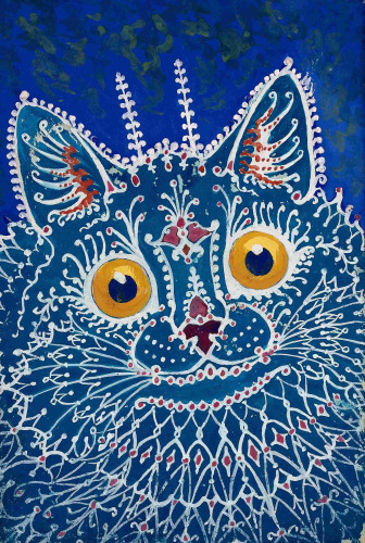 Creative painting of the face of a blue cat, mainly done with creative white lines with some touches of red in it, to a blue background. The cat has yellow eyes and a red nose. 