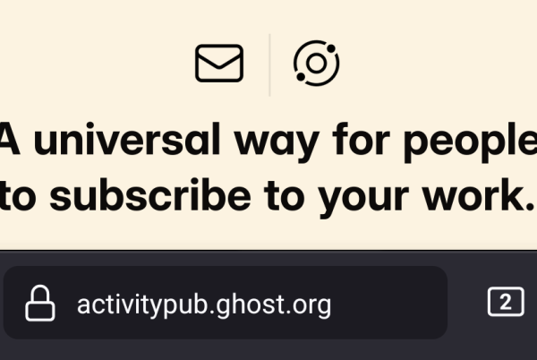 Ghost's page showing adoption of ActivityPub featuring logos along with the "Fediverse" logo recently made by meta, that is made of two circles and two dots, I guess those dots are about to represent something.