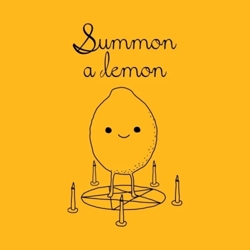 A happy lemon in a pentagram, under the title "Summon a (demon/lemon)" in ambiguous cursive script.