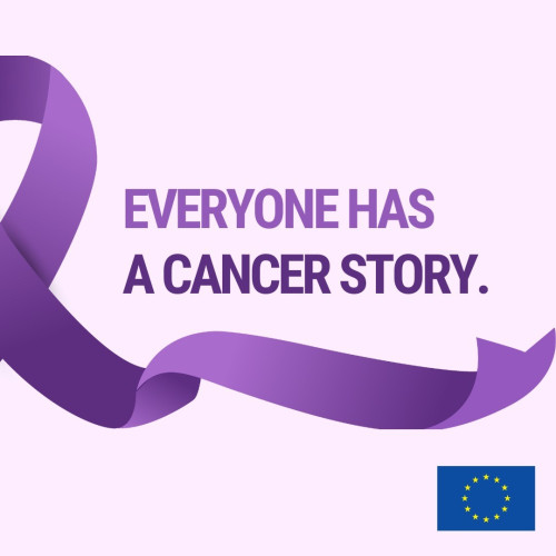 A visual on a light lilac background with the text: everyone has a cancer story. 
There is a dark purple cancer ribbon to the left of the visual and an EU logo on the right bottom corner.