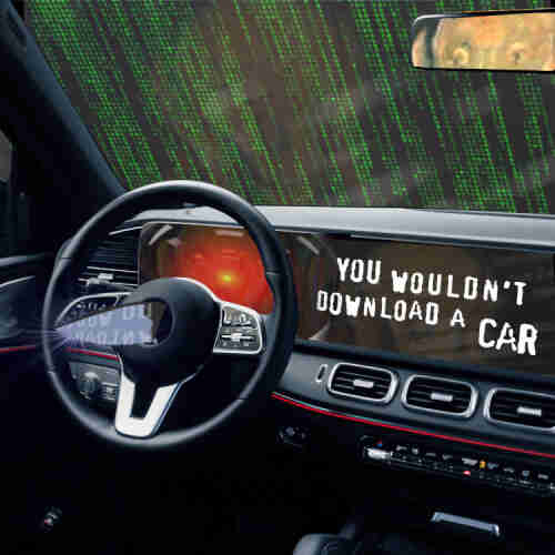 The interior of a luxury car. There is a dagger protruding from the steering wheel. The entertainment console has been replaced by the text 'You wouldn't download a car,' in MPAA scare-ad font. Outside of the windscreen looms the Matrix waterfall effect. Visible in the rear- and side-view mirror is the driver: the figure from Munch's 'Scream.' The screen behind the steering-wheel has been replaced by the menacing red eye of HAL9000 from Stanley Kubrick's '2001: A Space Odyssey.


Image:
Cryteria (modified)
https://commons.wikimedia.org/wiki/File:HAL9000.svg

CC BY 3.0
https://creativecommons.org/licenses/by/3.0/deed.en

