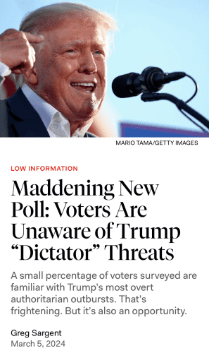 The New Republic headline: “Maddening New Poll: Voters Are Unaware of Trump “Dictator” Threats”