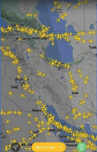flight tracker image over Iran, Iraq and Syria