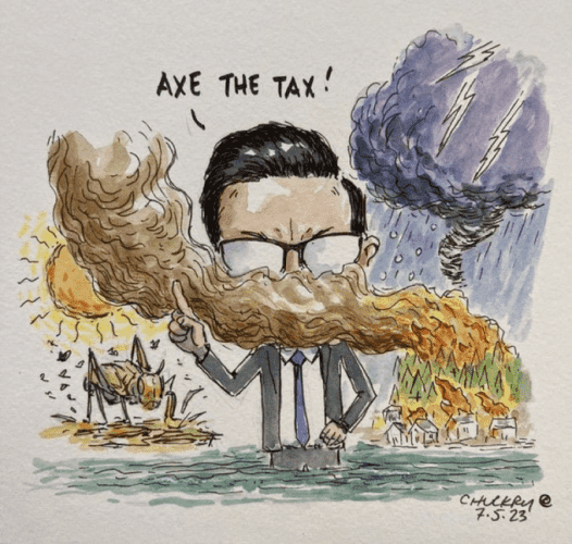 Cartoon of Pierre Poilievre being engulfed in smoke, fire, floods, pestilence and heat while screaming "Axe The Tax"

CREDIT:
Cartoon : Chris Chuckry, Winnipeg
Political "poem" : via Kim Anderson on the 'birdnest'