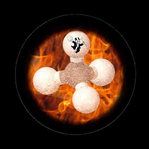 A hydrocarbon molecule as seen through a microscope eyepiece. The molecule is set on a flaming backdrop. Dancing atop the molecule is a Rich Uncle Pennybags figure from the game Monopoly. He has removed his face to reveal a grinning skull.