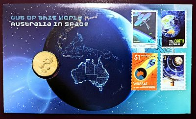 PNC with coin showing reverse, image of the globe at night showing lights of Australia, four stamps top-right
Text: "Out of this World, Australia in Space"
