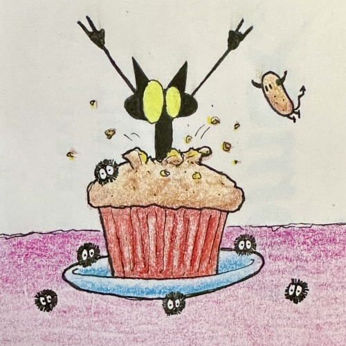 Drawing of a little gremlin throwing the metal horns as he jumps out of a huge cupcake.

Zeichnung eines kleinen Gremlin, der die Metallhörner wirft, während er aus einem riesigen Cupcake springt.