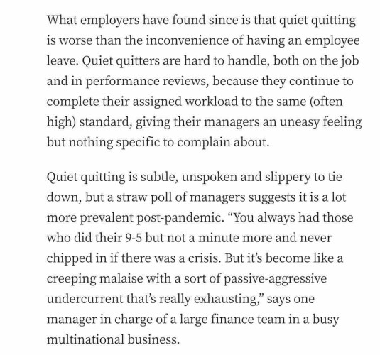 Employers have found that “quiet quitters” are actually excellent employees, but they still feel resentful and indignant about them because they’re wrong in the head.