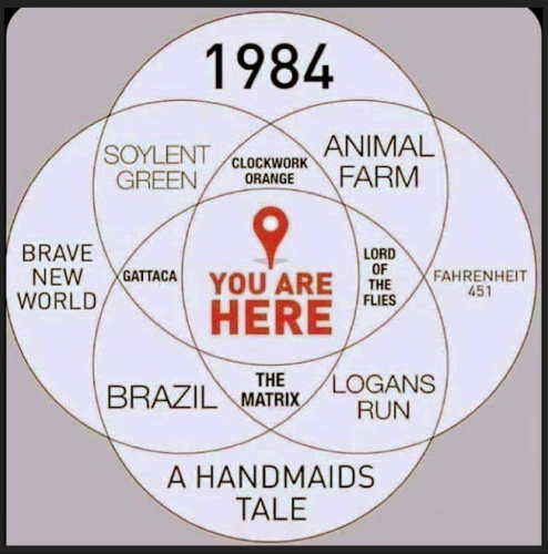 You are here in center of multiple overlapping dystopian Venn diagram from #SciFi novels:

#1984
#TheMatrix
#LogansRun
#Fahrenheit451
#Brazil
#AHandmaidsTale
#LordOfTheFlies
#Gattaca
#SoylentGreen
#AClockworkOrange
#AnimalFarm