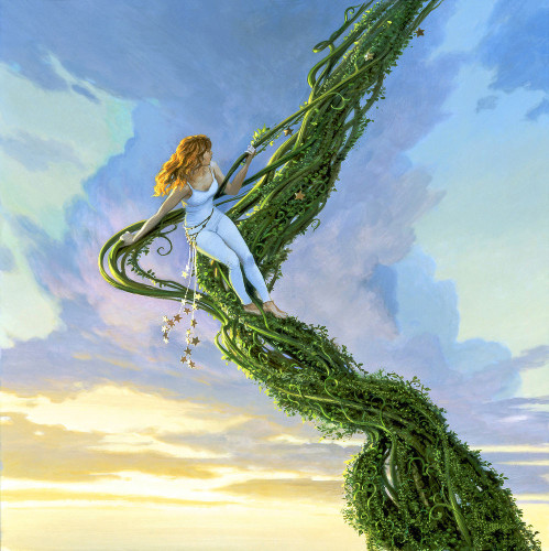 Set against soft blue sky and a vertical pillow of clouds, a woman with long red hair struggles with the vines of a tangled beanstalk. With arm bent to anchor, she pulls on one long tendril while steadying a cluster of vines running behind her back. Her weight is almost wholly dependent on the vine although her bare feet do have purchase where the beanstalk angles upward in ascent. She wears a white catsuit with tank top. From her right hip dangles an array of stars hanging from long strands. Twisting around in the open air, the face of some stars catch golden light from below. Similarly shaped tokens can be seen embedded above her in the thick curling foliage.
