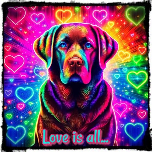 Edited AI image of a chocolate brown Labrador with greying snout. Neon colors, loads of colorful hearts, and the text "Love is all...".