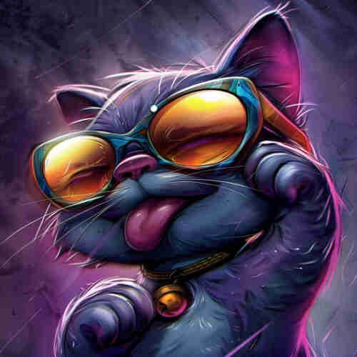 An illustration of a cat exuding a cool and confident vibe, wearing oversized sunglasses that reflect a warm light, possibly indicative of a sunny day. The cat’s fur is richly detailed with shades of blue and purple, and there’s a hint of a contented smile on its face. Its pose suggests relaxation and a carefree attitude, with one paw casually raised. The background is a blend of darker purple tones, providing a nice contrast that highlights the cat and its stylish accessories. This image gives the impression of a charismatic and laid-back feline enjoying a moment of leisure.