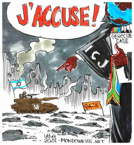 In this editorial cartoon from Carlos Latuff, the world, dressed in the robes of an International Court of Justice judge, points a finger at an Israeli tank in Gaza, surrounded by dead Palestinians, and says "J'accuse!"