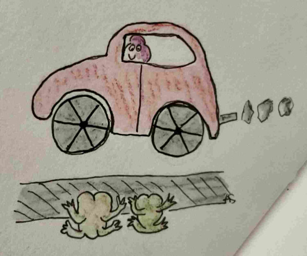 AutoALT: Child's drawing of a pink car with a purple character driving, exhaust fumes coming out, and two green frogs looking startled on the road.