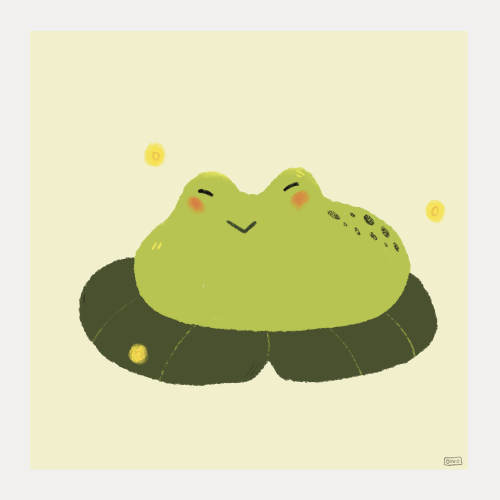 digital art of a frog sitting on a leaf smiling happily