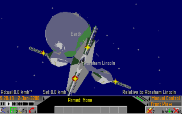 Screenshot of a low-resolution computer game (Frontier: Elite II). Above a control panel and console showing the date "2-Jan-3200", the main view is a space scene: we face the approach lights of a large space station labelled "Abraham Lincoln", with a three-colour Earth in the background. Behind all this and the dust and stars, the emptiness of space is a deep blue colour.