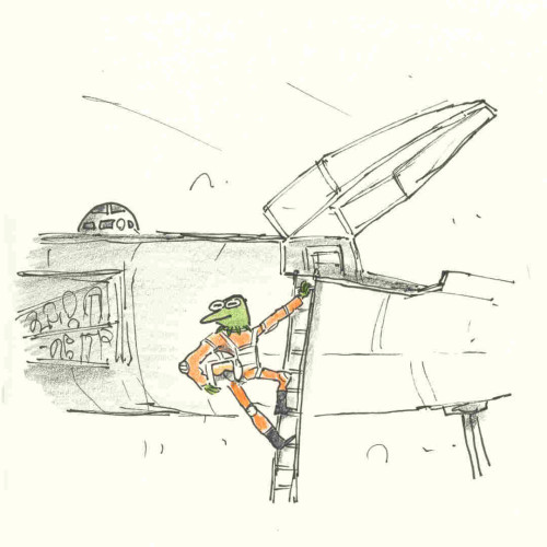 A cartoon illustration of Kermit dressed as an X-wing Pilot from Star Wars, ascending the ladder to his ship.
