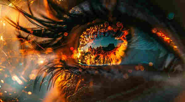 Close-up of a human eye with a fiery and surreal reflection.