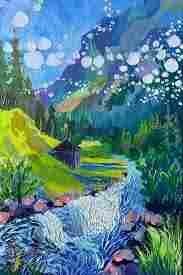 Rather creative painting of a landscape with a blue river with some purple and pink rocks left and right of  it. Right of the river is high green foliage. On the left of the river is a bright light green hillside with a little dark purple cabin on it. In the background are the abstract shapes of more green trees, and high mountains in various shades of blue  with some touches of green and soft orange on it. The sky is clear light blue. 