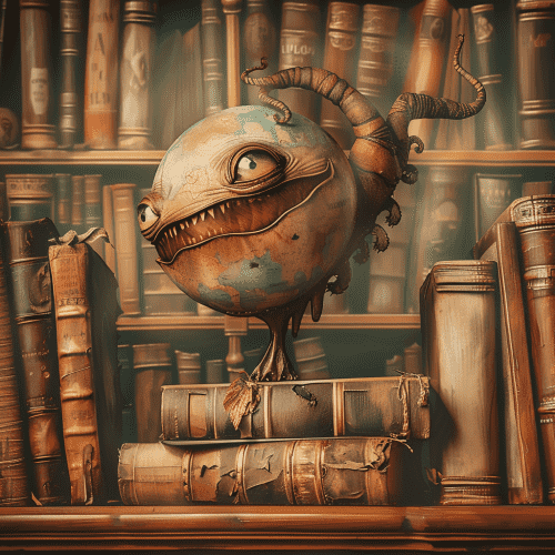 dusty old books with a dusty old silly looking monster in the general shape of a globe