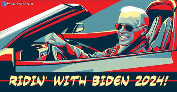 Familiar colorful graphic of Joe Biden smiling, sitting in a convertible. Yellow text reads, “RIDIN’ WITH BIDEN 2024”
