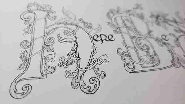 An ornate black ink line art 'h' with a couple of marginalia- style dragons on it, and the letters 'ere' calligraphed after it, spelling 'here'