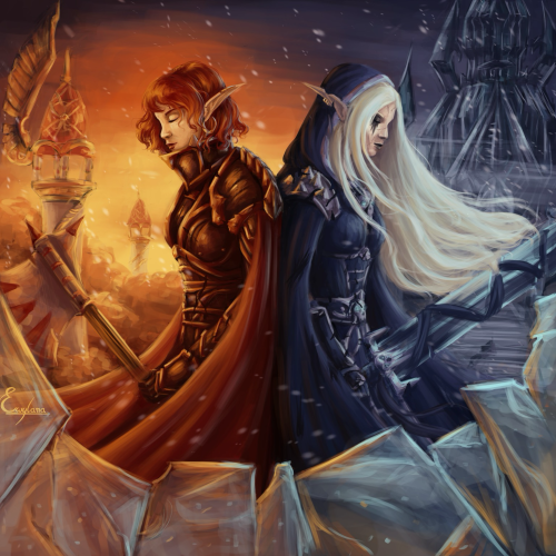 Two blood elves, back to each other. One have red hairs and armor, and an axes and is in front of some tower in crimson tree. The other is in a blue ruined armor and have long white hairs. She is beyond the lichking fortress. Ice cover the scenery