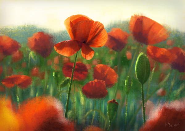 A digital painting of a field of bright red poppies in close up, with strong light shining through the petals. Larger, more textured brush strokes emulate a depth of field blur in the background and foreground, leaving the flowers in the middle in sharp focus, with smaller strokes and clearer detail.