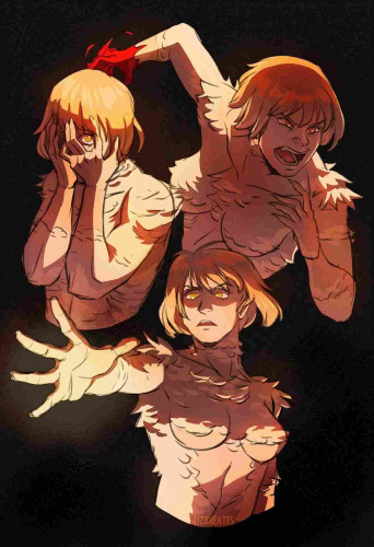 3 dramatically lit drawings of Falin Touden from the anime Delicious in Dungeon. From the left going clockwise: Falin is covering her face as if she’s sad with one eye peeking out behind her bangs. Second is Falin lunging forward, angry, teeth bared, claws ready. Third is a shot from below of Falin holding her right hand out as if ready to cast magic.