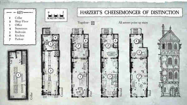 Interior plan of a fantasy shop, a cheesemonger, with a single-rod frontage and deep-and-tall design.
