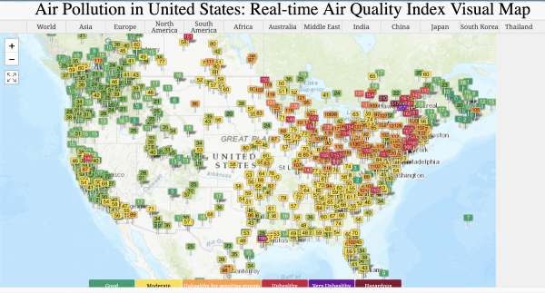 Map of AQI in the United States shows high AQI (bad air) across the states east of Minnesota.and as far south as Kentucky. As of 6 June, 2023. The actual map is interactive.