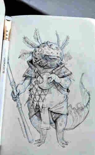 Axolotl magi drawn in pencil on paper