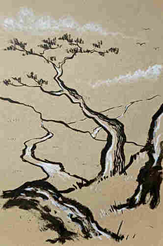 A sumi-e style landscape with a tree