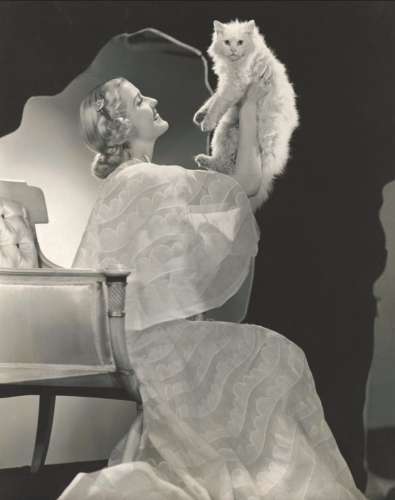 Black and white photo of a beautiful white woman wearing a voluminous layered white dress sitting in a fancy white upholstered chair. She is sitting in profile and smiling up at a white longhaired kitty that she holds aloft In front of her.