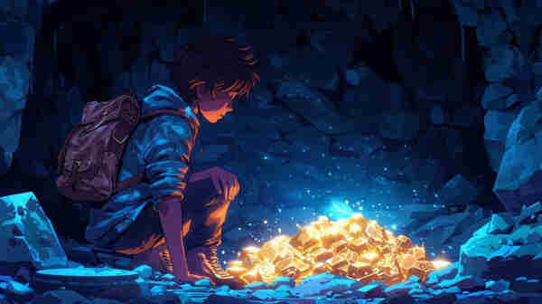 A digital artwork that depicts a young adventurer inside a cavernous space, illuminated by a radiant, glowing treasure. The explorer is crouched next to a pile of bright, golden crystals, emanating a powerful light that casts dynamic shadows and bathes the scene in a warm glow. The figure is silhouetted against the backdrop of the cavern, accentuating a sense of discovery and wonder. The explorer’s backpack rests nearby, suggesting readiness for adventure. This scene encapsulates the moment of a remarkable find, possibly after a long journey, evoking themes of curiosity, exploration, and the thrill of discovery.