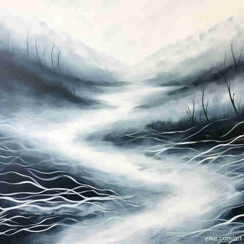 This abstract artwork offers a minimalist interpretation of a winter landscape, where ethereal layers of mist and snow weave a dance of tranquility and elegance.

The monochromatic palette is punctuated by gentle undulations of white, suggesting a river of frost or a drift of snow. The sparsity of trees adds a sense of serene isolation, evoking the stillness of a winter's day.

This piece is an embodiment of hygge, the Danish concept of cozy contentment, making it an ideal addition to spaces designed for relaxation and introspection.