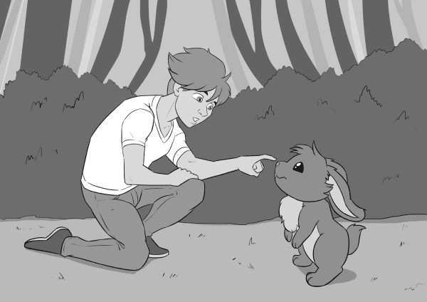 A young boy in a strange forest gently poking a small bunny on her nose.