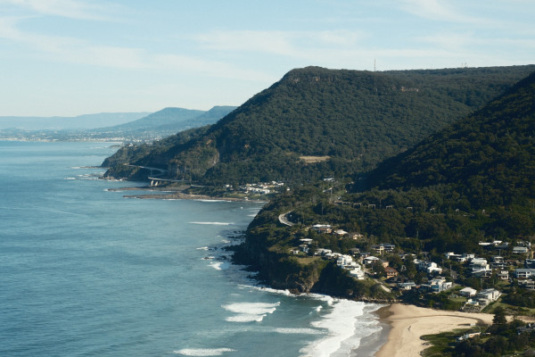 A landscape view, south from Bald Hill towards Wollongong, the Sea Cliff Bridge visible left-centre.