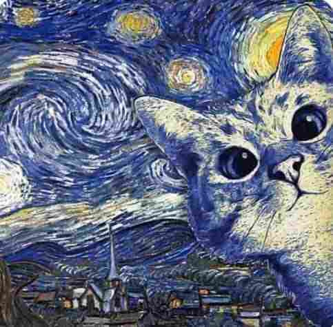 Van Gogh's Starry Night with a Cat incorporated into the painting.