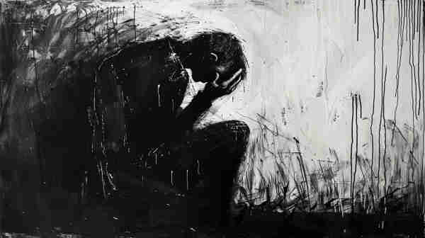 A powerful black and white painting that captures a solitary figure hunched over in a posture of despair. The use of contrasting black and white paint creates a stark, emotive image. The figure’s head is buried in hands, suggesting deep sorrow or distress. The background, chaotic with heavy brushstrokes and dripping paint, contributes to the intensity of the scene, perhaps representing the inner turmoil or the external pressures the figure is experiencing. It’s a poignant depiction of vulnerability and emotional pain.