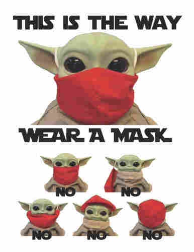 A Baby Yoda doll wearing a face mask such as the kind you should still be wearing to protect yourself and others from catching covid 19. Caption says THIS IS THE WAY. WEAR A MASK. and below that are 5 smaller pics of the same doll wearing the mask improperly (below the nose, on top of the head, etc) with the word NO underneath each one. 