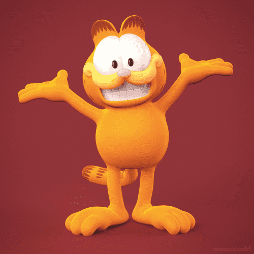 A 3D Garfield sculpture, showing the cat with his arms stretched out and a big smile with large teeth.