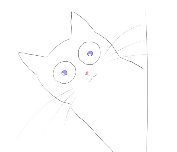 A cartoon of a white cat with blue eyes looking around a corner at the viewer.