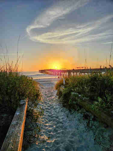 From a sandy walkway over the beach front dunes, a view of a brilliant yellow sunrise over the massive Jacksonville Beach Pier, extending far out into the waters.