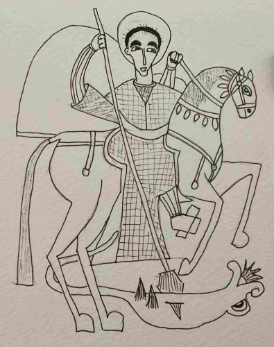 Black and white drawing of a stylized figure riding a horse, holding a spear with a defeated dragon-like creature beneath the horse.